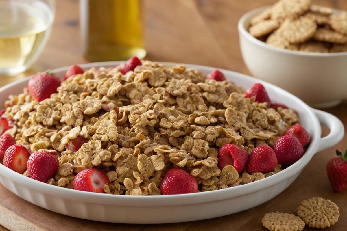 Strawberry crunch made with Golden Oreos and butter on a baking sheet