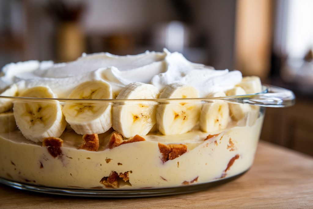 Fresh banana slices layered in banana pudding to prevent browning