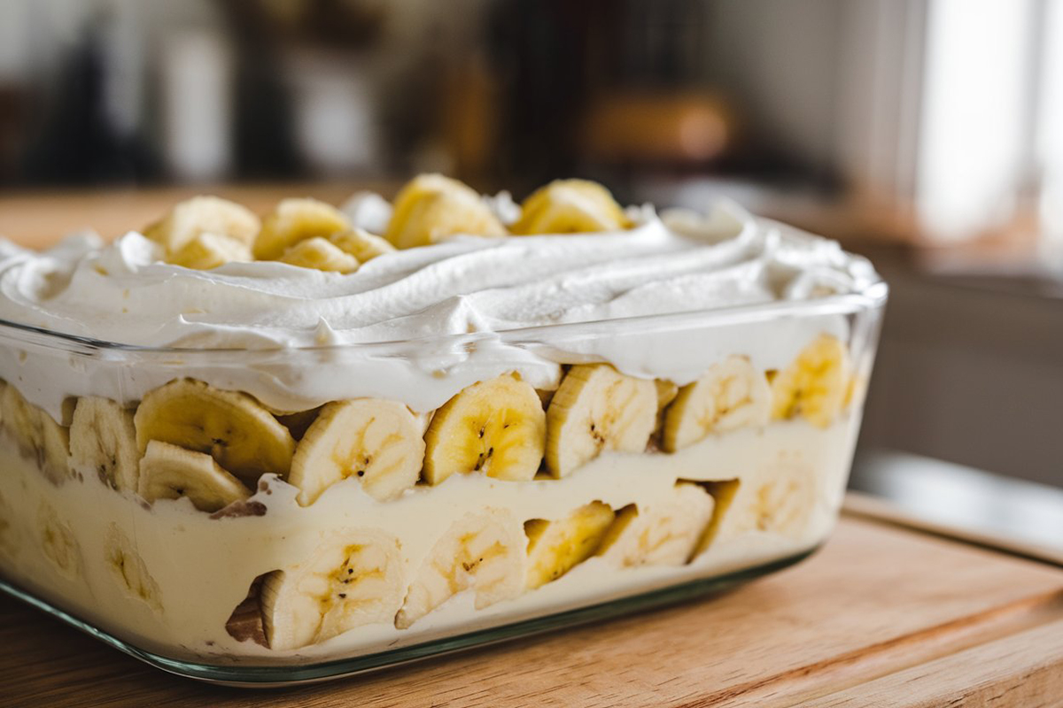 Fresh banana slices layered in banana pudding to prevent browning