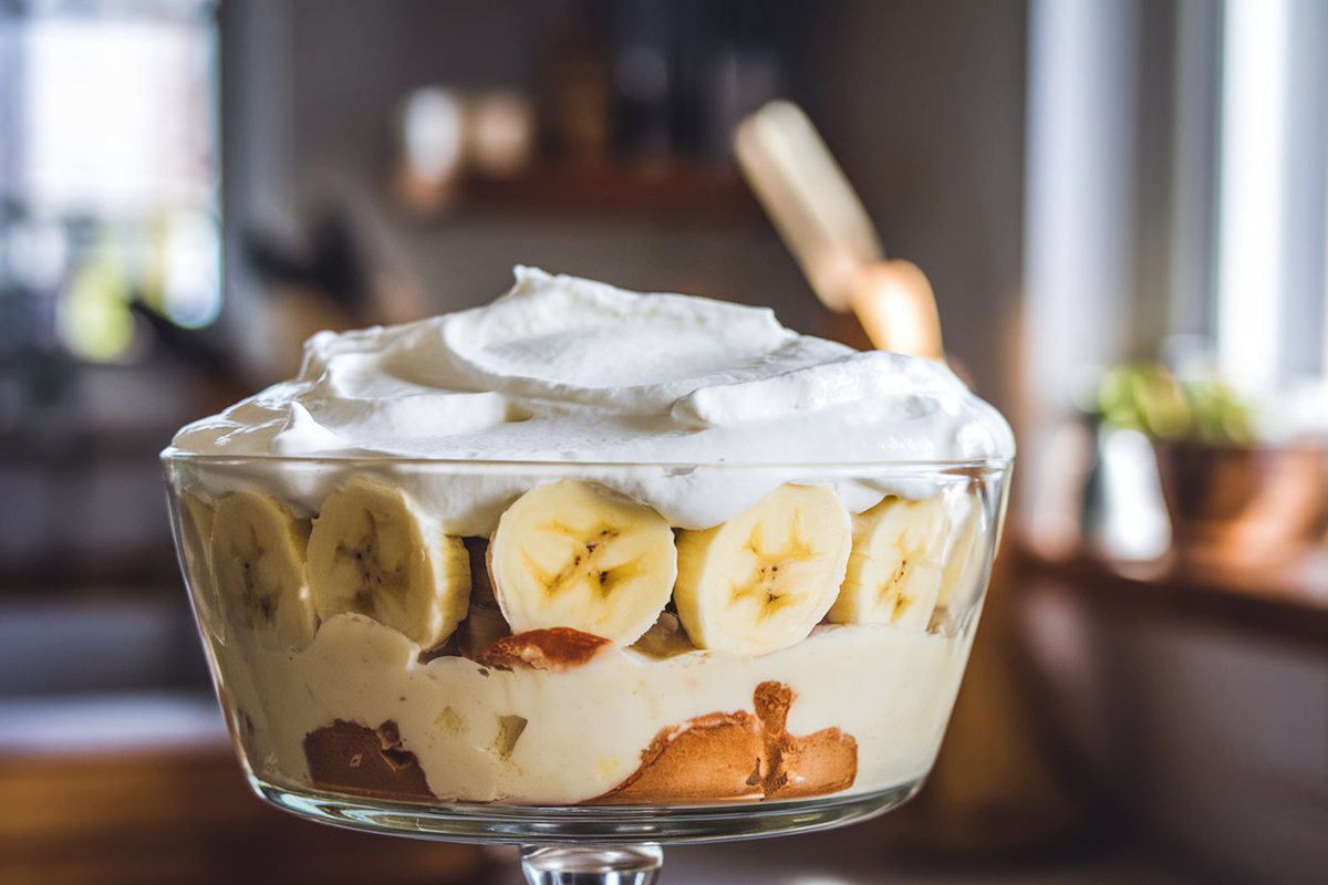 Fresh banana slices layered in banana pudding to prevent browning