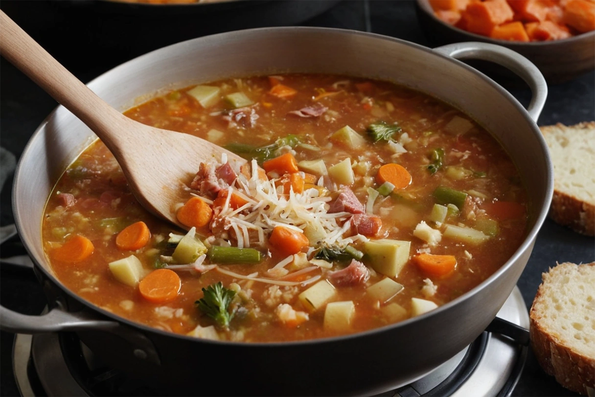 Grated Parmesan cheese being added to a pot of vegetable soup