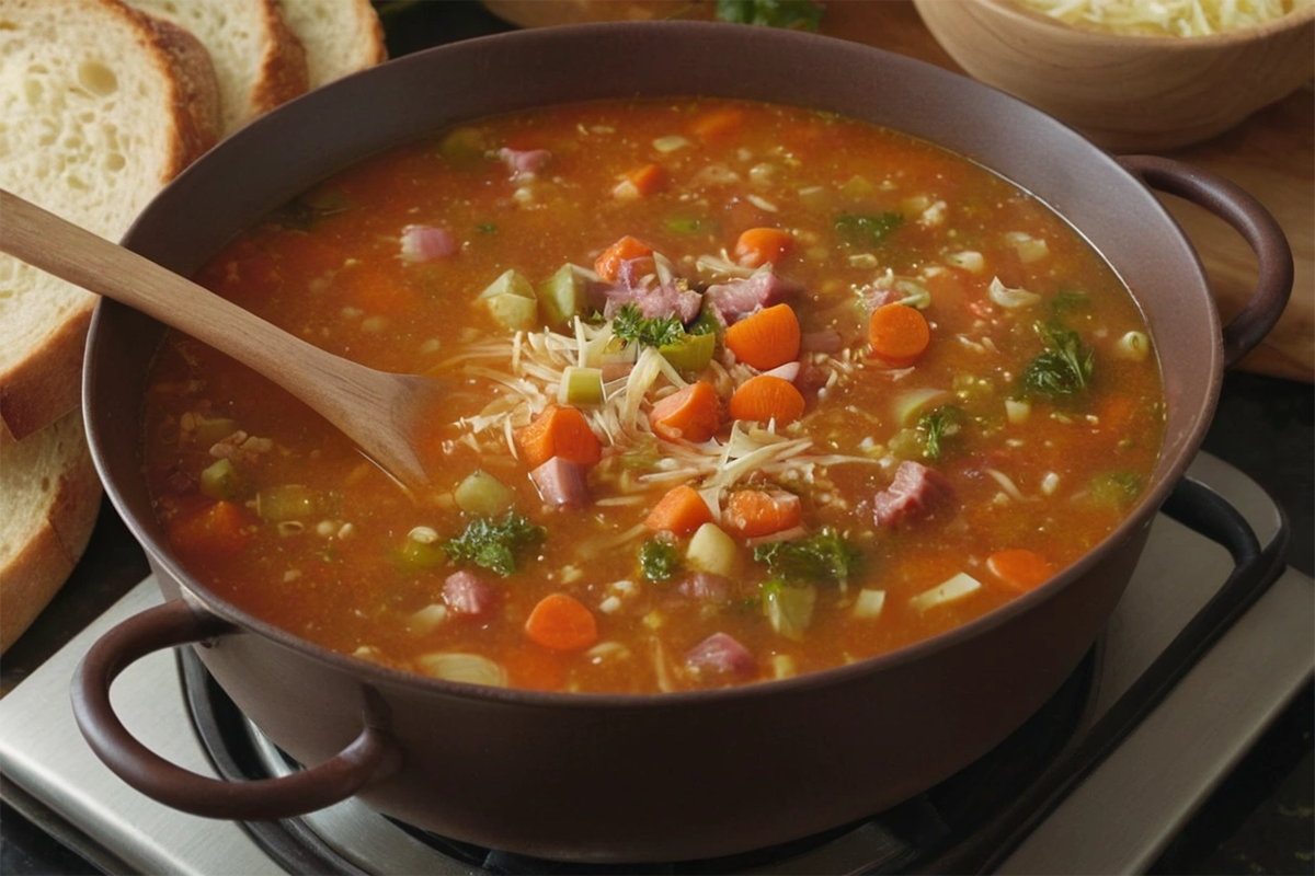 Grated Parmesan cheese being added to a pot of vegetable soup