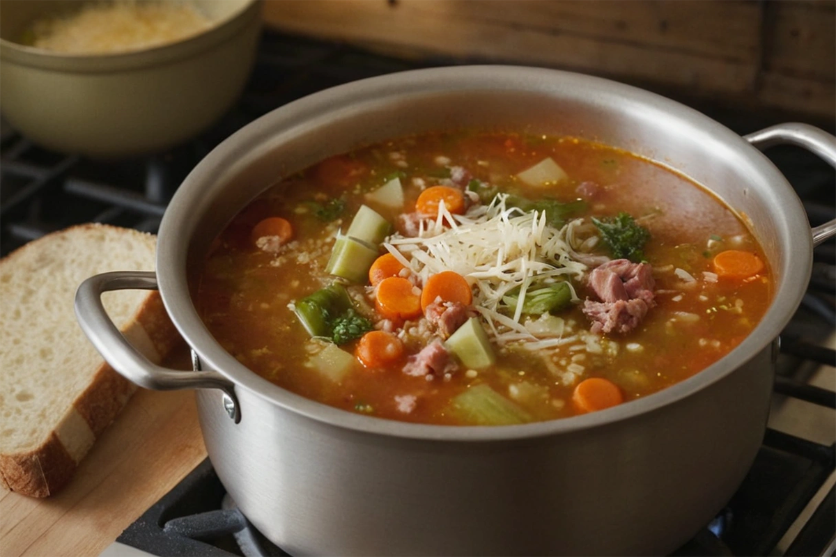 Grated Parmesan cheese being added to a pot of vegetable soup