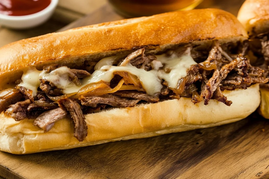 A close-up of a Philly cheesesteak sandwich on an Amoroso roll, showing the juicy steak and melted cheese inside.