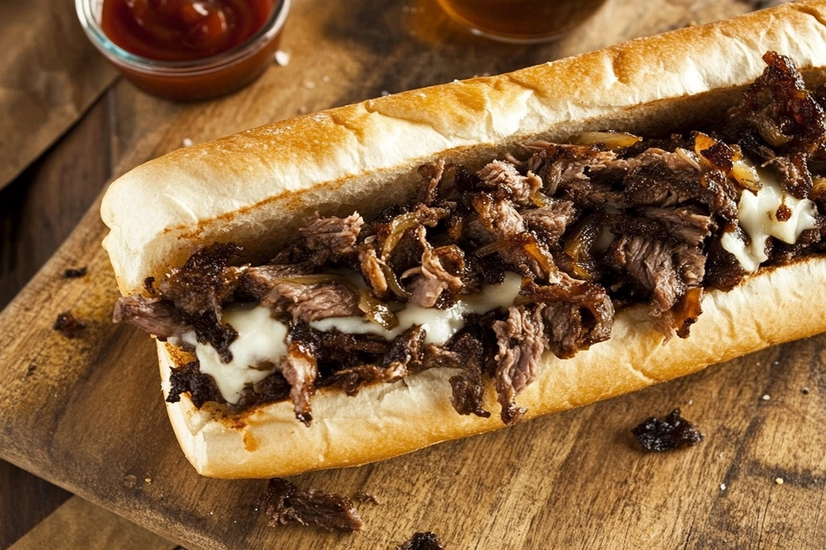 A close-up of a Philly cheesesteak sandwich on an Amoroso roll, showing the juicy steak and melted cheese inside.