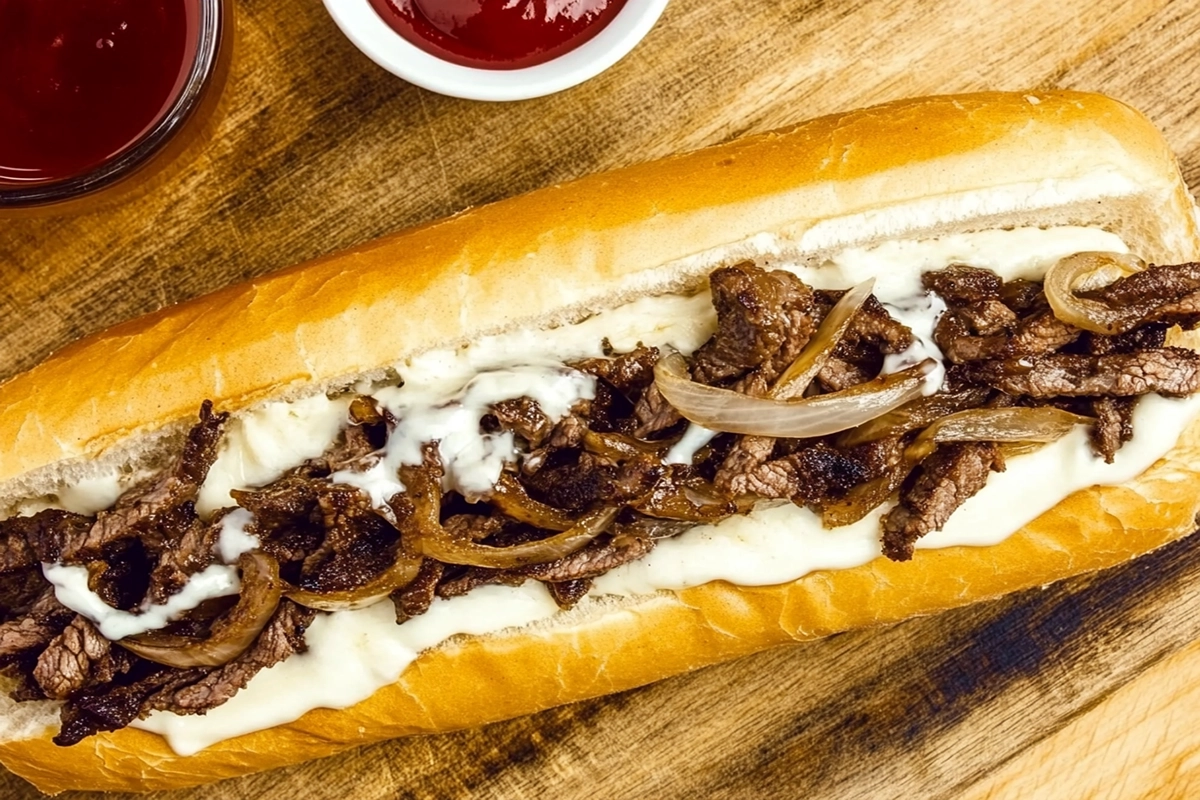 A close-up of a Philly cheesesteak sandwich on an Amoroso roll, showing the juicy steak and melted cheese inside.