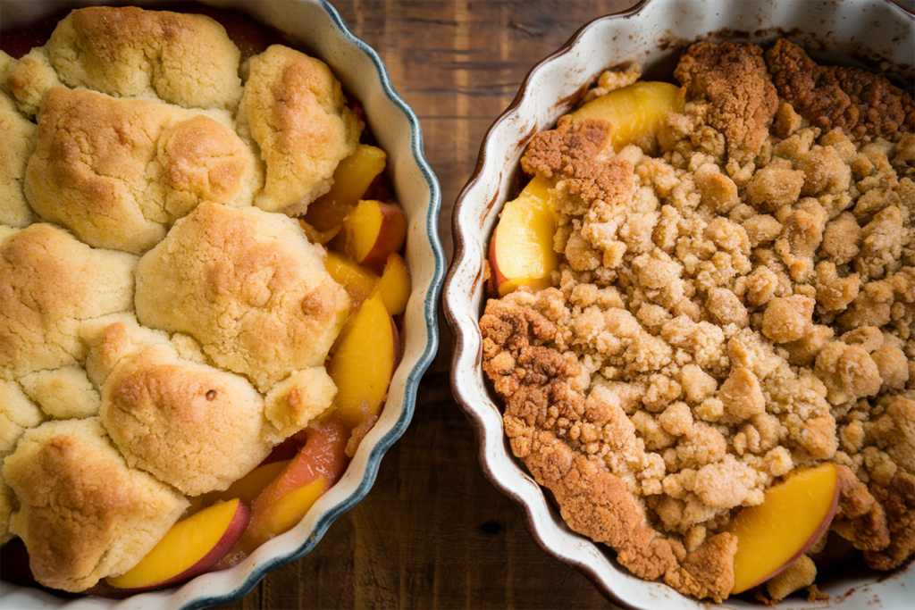 Peach cobbler with a biscuit topping and peach crumble with a streusel topping in rustic bowls