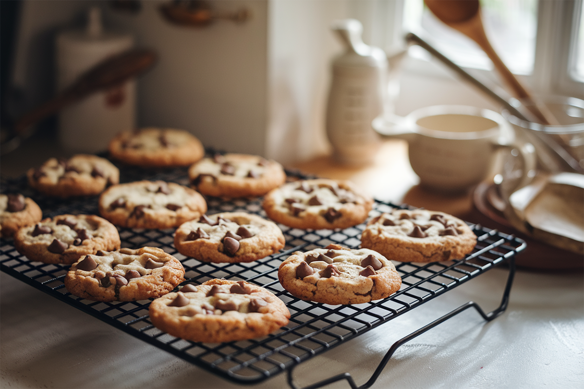 Tray of crunchy chocolate chip cookies with baking ingredients in the background