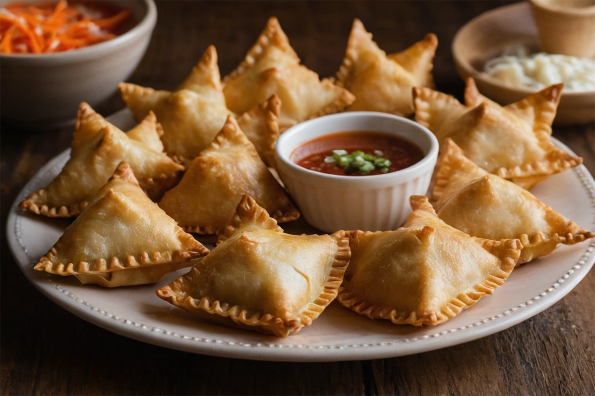 Crispy Crab Rangoon on a plate with dipping sauce