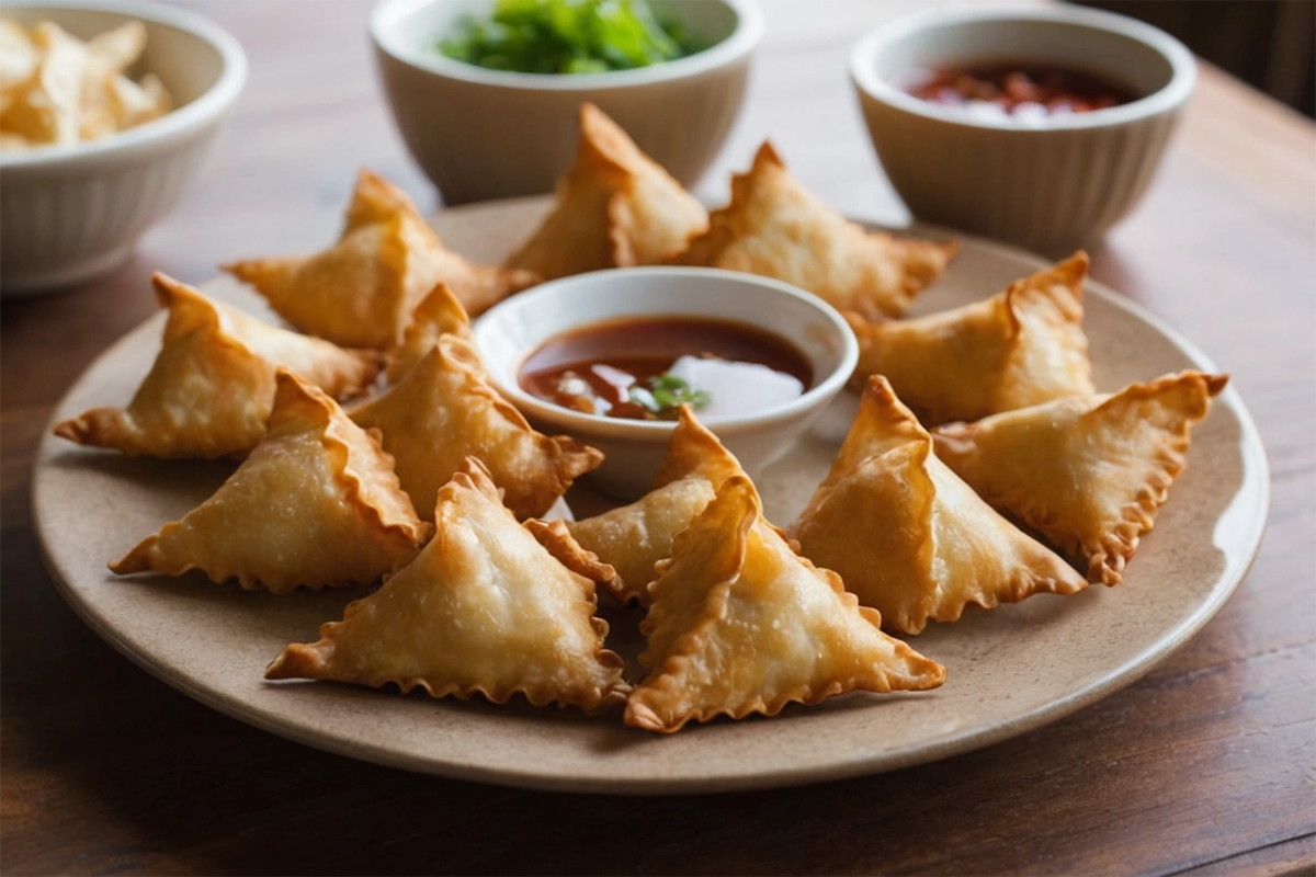 Crispy Crab Rangoon on a plate with dipping sauce