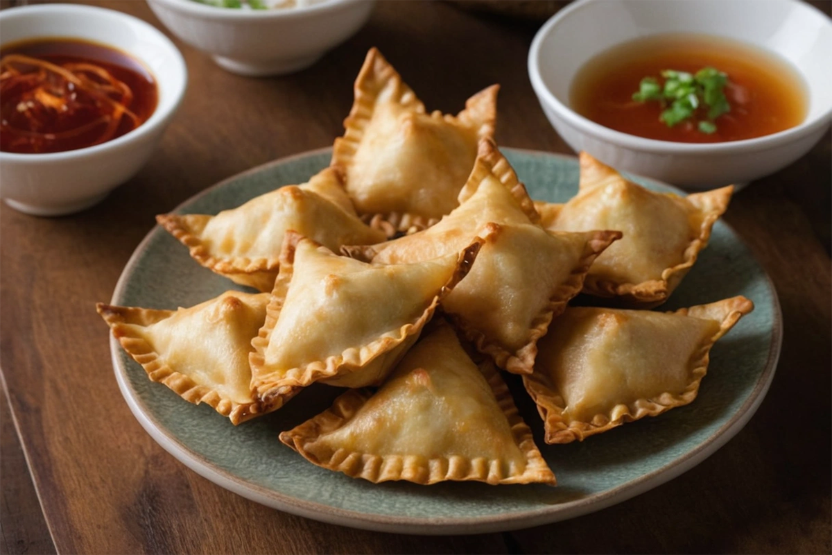 Crispy Crab Rangoon on a plate with dipping sauce