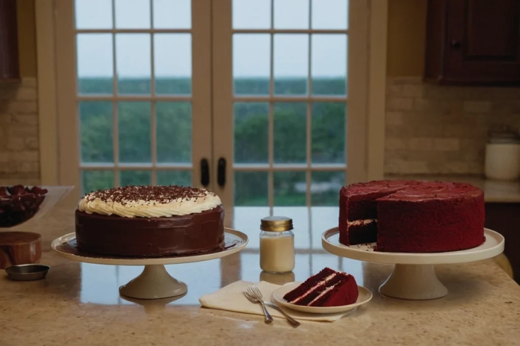 Red velvet and chocolate cake slices showcasing different textures.