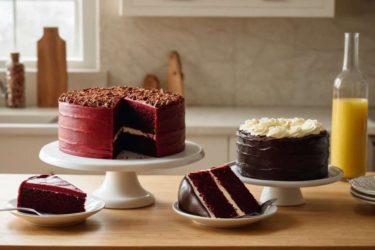 Red velvet and chocolate cake slices showcasing different textures.