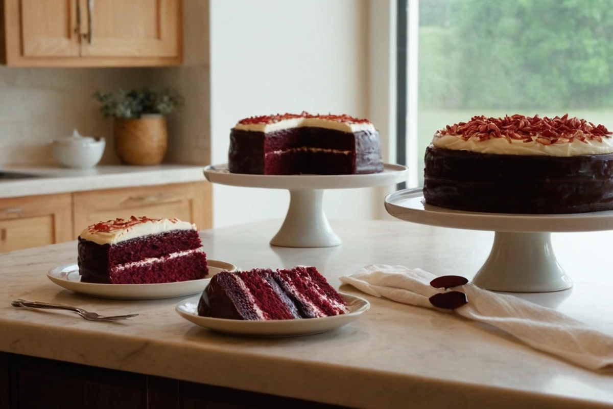 Red velvet and chocolate cake slices showcasing different textures.