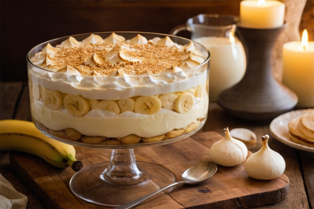 Banana pudding served in a glass dish with layers of vanilla wafers