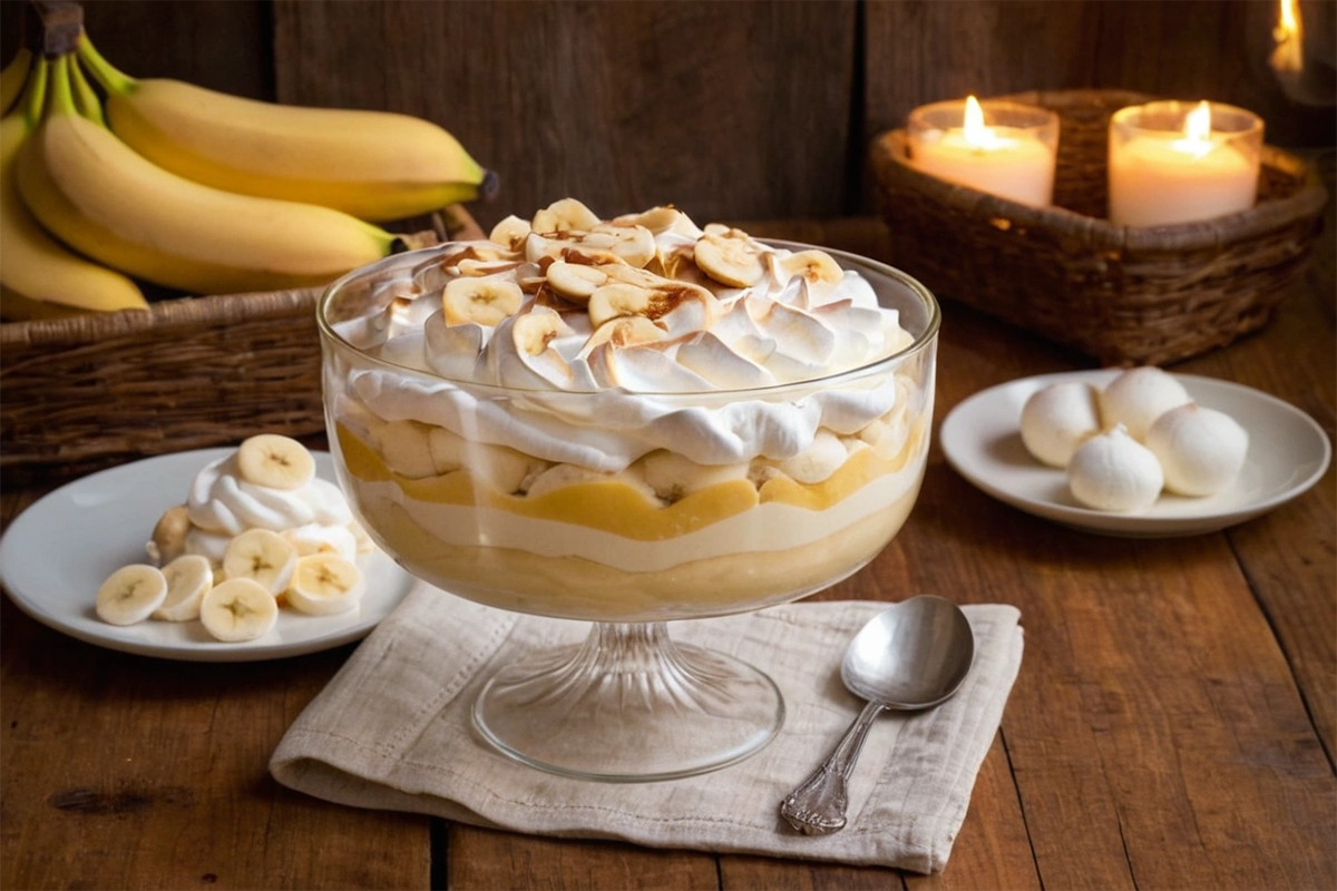 Banana pudding served in a glass dish with layers of vanilla wafers