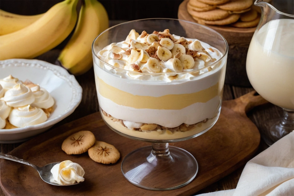 Banana pudding served in a glass dish with layers of vanilla wafers