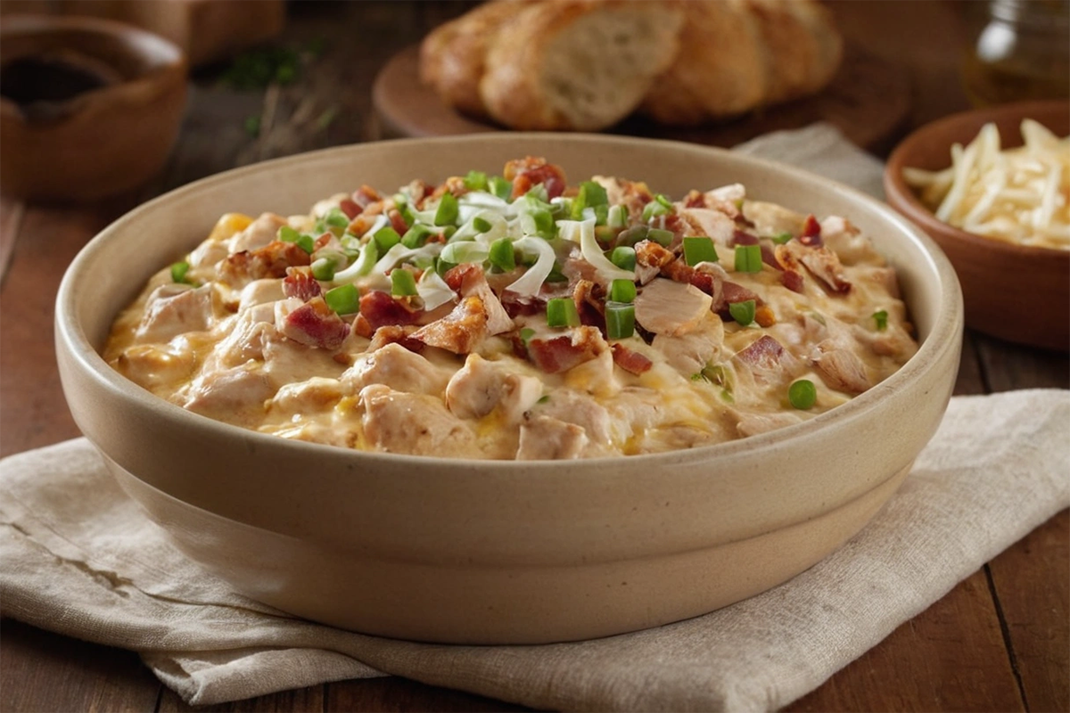 A close-up of creamy crack chicken served in a bowl with green onion garnish.