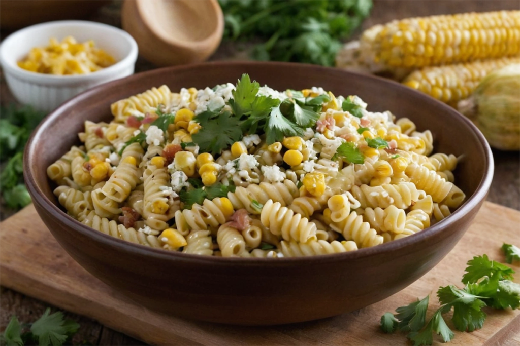 Close-up of a bowl of street corn pasta salad with grilled corn, pasta, and cotija cheese