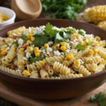 Close-up of a bowl of street corn pasta salad with grilled corn, pasta, and cotija cheese