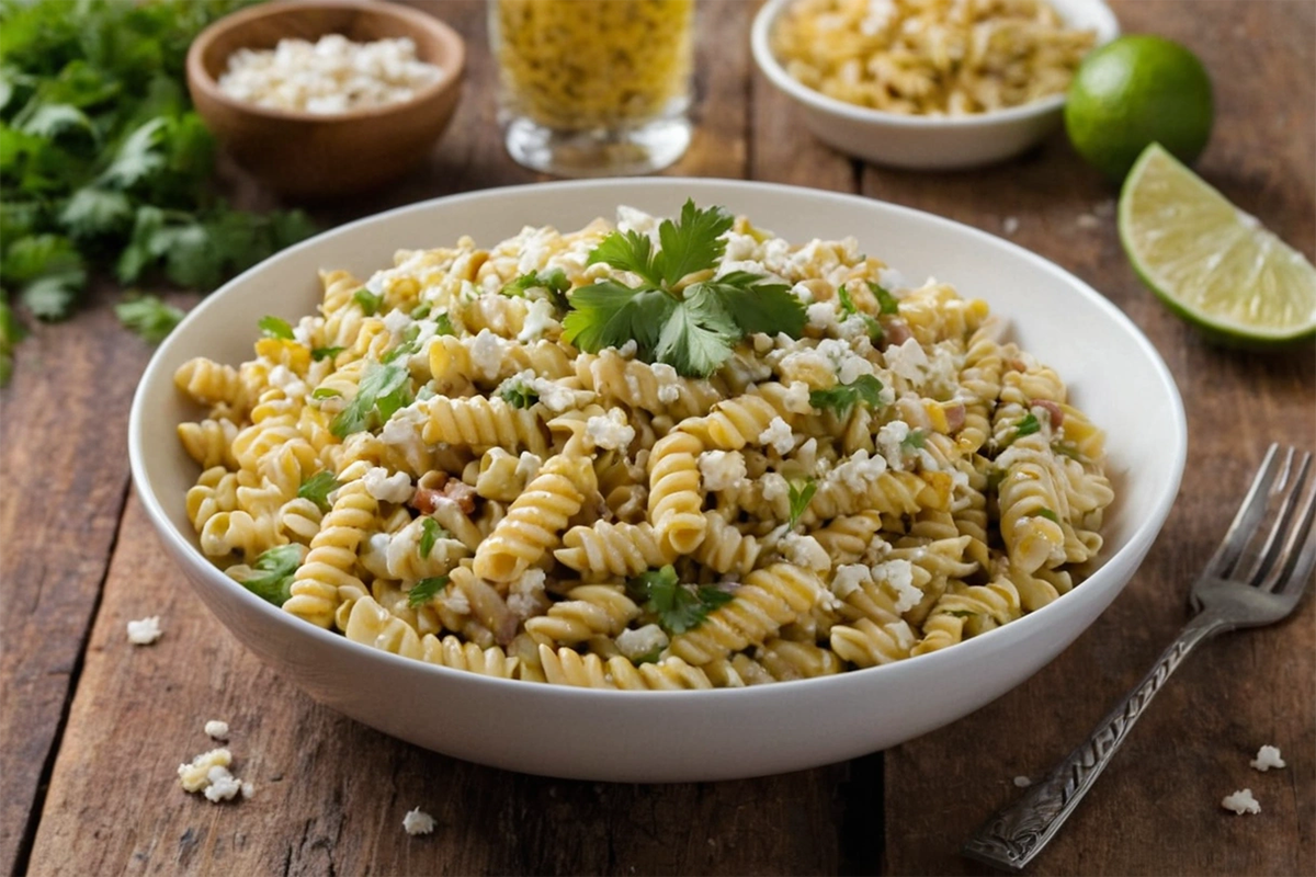 Close-up of a bowl of street corn pasta salad with grilled corn, pasta, and cotija cheese