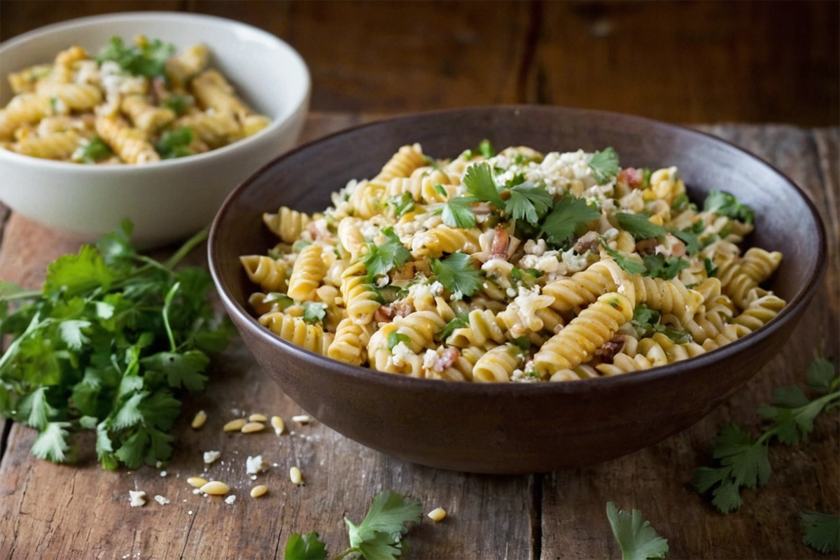 Close-up of a bowl of street corn pasta salad with grilled corn, pasta, and cotija cheese