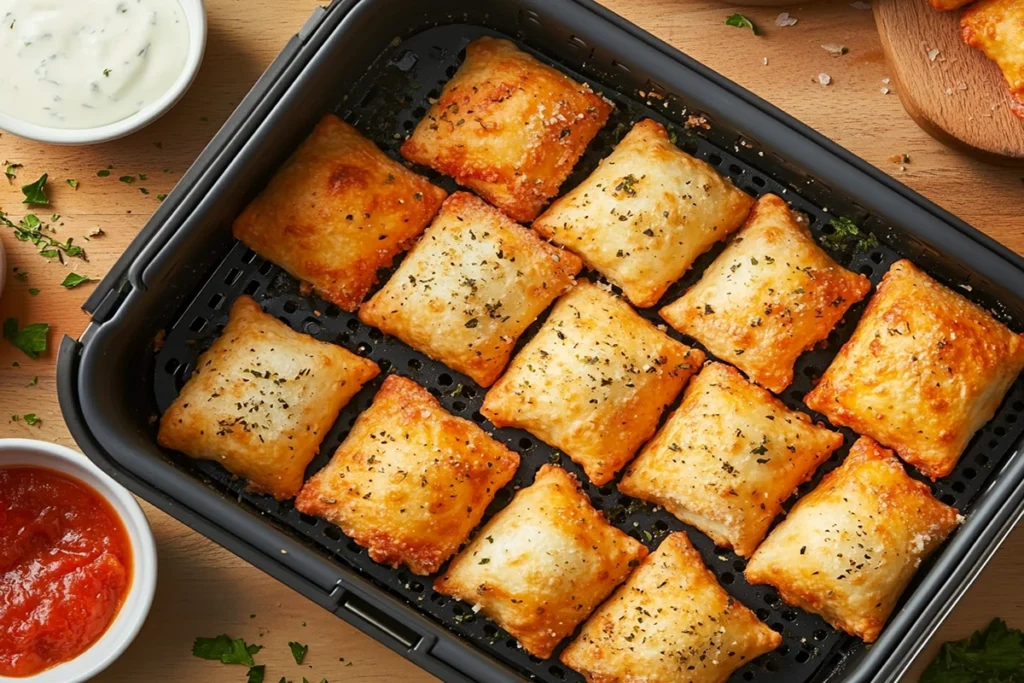 Crispy pizza rolls in an air fryer basket