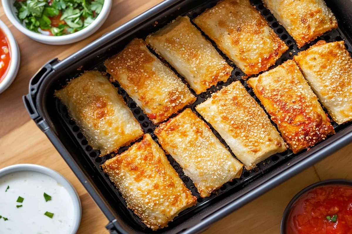 Crispy pizza rolls in an air fryer basket