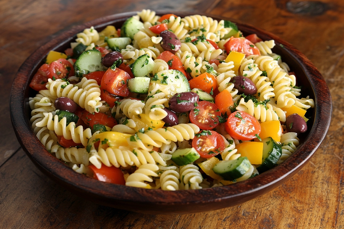 A bowl of vibrant pasta salad with fresh vegetables and herbs, showcasing ideal texture and flavor.