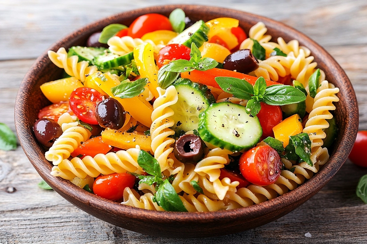 A bowl of vibrant pasta salad with fresh vegetables and herbs, showcasing ideal texture and flavor.