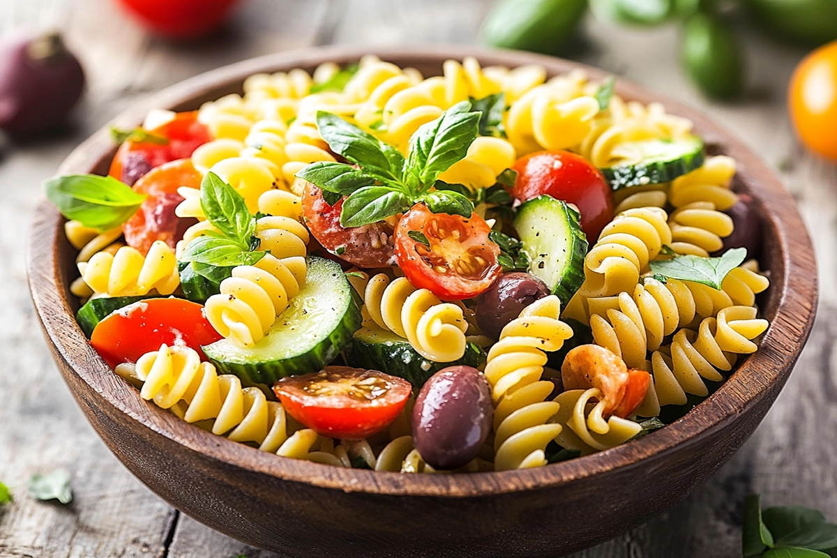 A bowl of vibrant pasta salad with fresh vegetables and herbs, showcasing ideal texture and flavor.