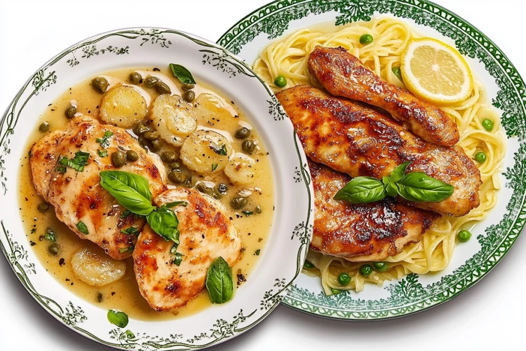 Close-up of Chicken Scallopini and Chicken Piccata served on plates with lemon garnish and side of pasta.