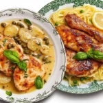 Close-up of Chicken Scallopini and Chicken Piccata served on plates with lemon garnish and side of pasta.