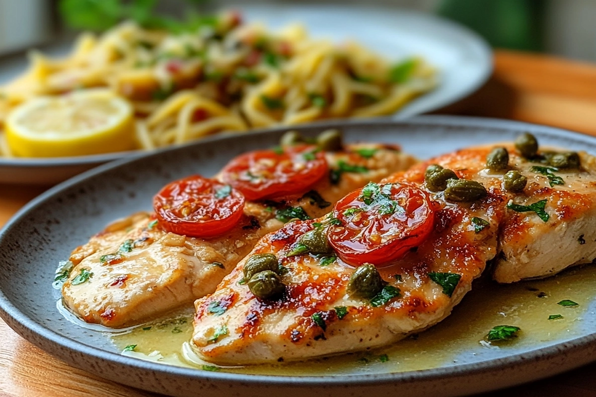 Close-up of Chicken Scallopini and Chicken Piccata served on plates with lemon garnish and side of pasta.