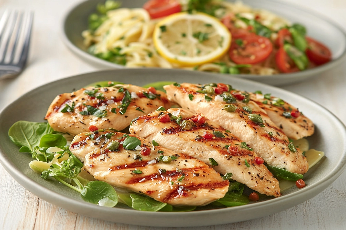 Close-up of Chicken Scallopini and Chicken Piccata served on plates with lemon garnish and side of pasta.