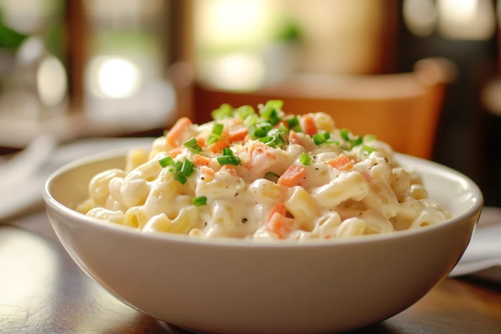 Hawaiian mac salad served in a bowl, showcasing its creamy texture and classic plate lunch style.