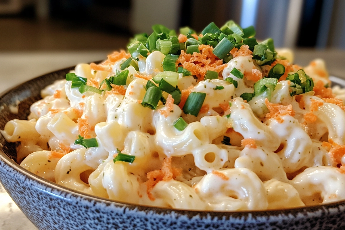 Hawaiian mac salad served in a bowl, showcasing its creamy texture and classic plate lunch style.