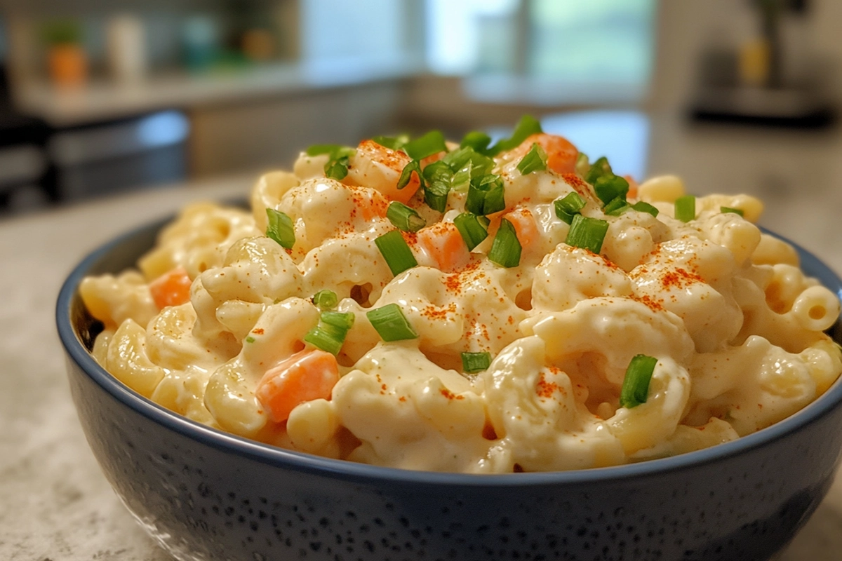 Hawaiian mac salad served in a bowl, showcasing its creamy texture and classic plate lunch style.